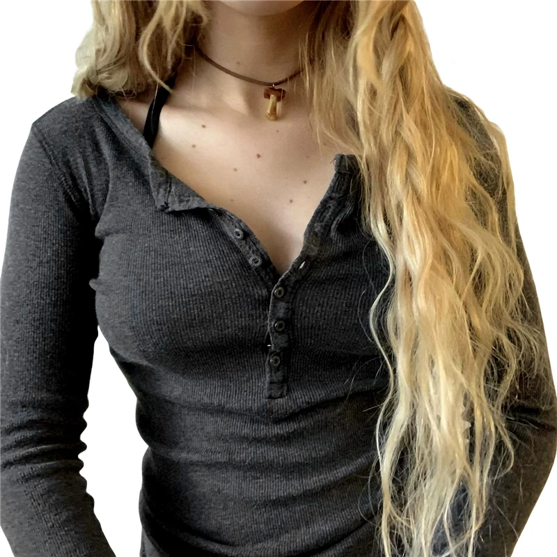 Fairycore Grunge Tops y2k Long Sleeve Shirts Women V Neck Tee with Buttons Decor Vintage Aesthetic Clothes Streetwear