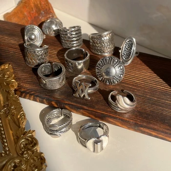 Vintage Silver Color Metal Geometric Irregular Flowers Love Opening Rings for Women Girls Party Travel Punk Jewelry HUANZHI 2021 1