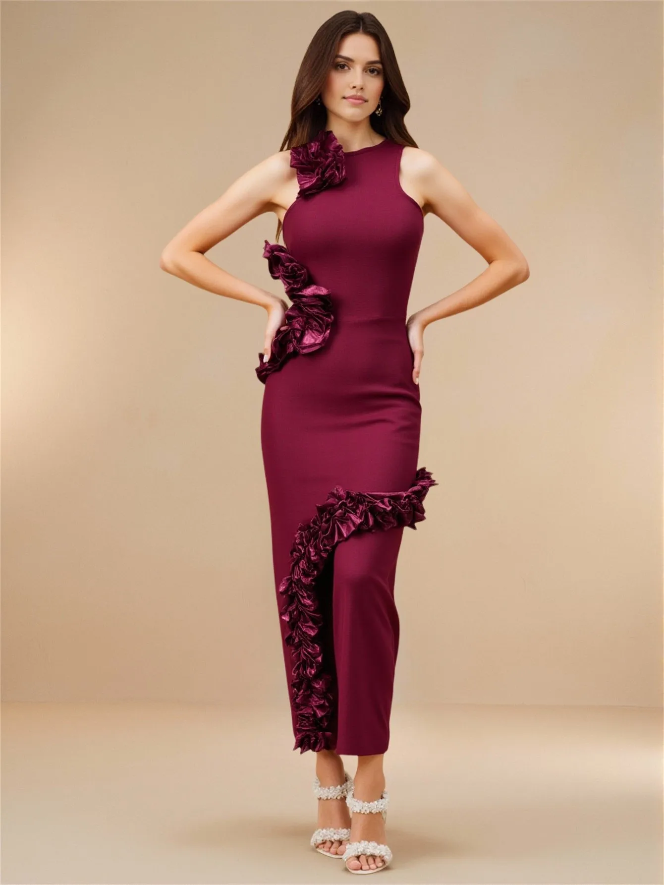 فستان حفلات طويل كشكش أحمر نبيذي