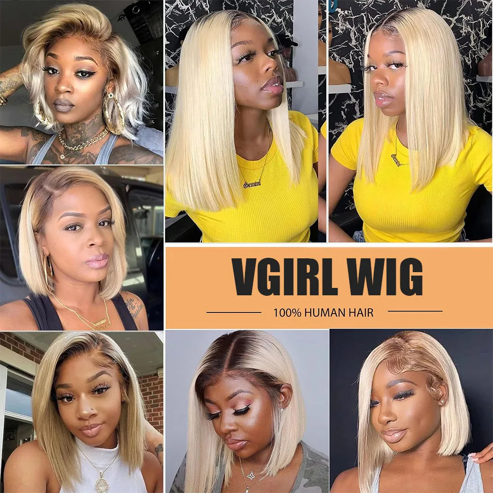 4/613 Blonde Short Bob Wig Front Human Hair Wigs 13X4 Honey Blonde Dark Root Colored Short Bob Lace Frontal Wig Transparent Lace