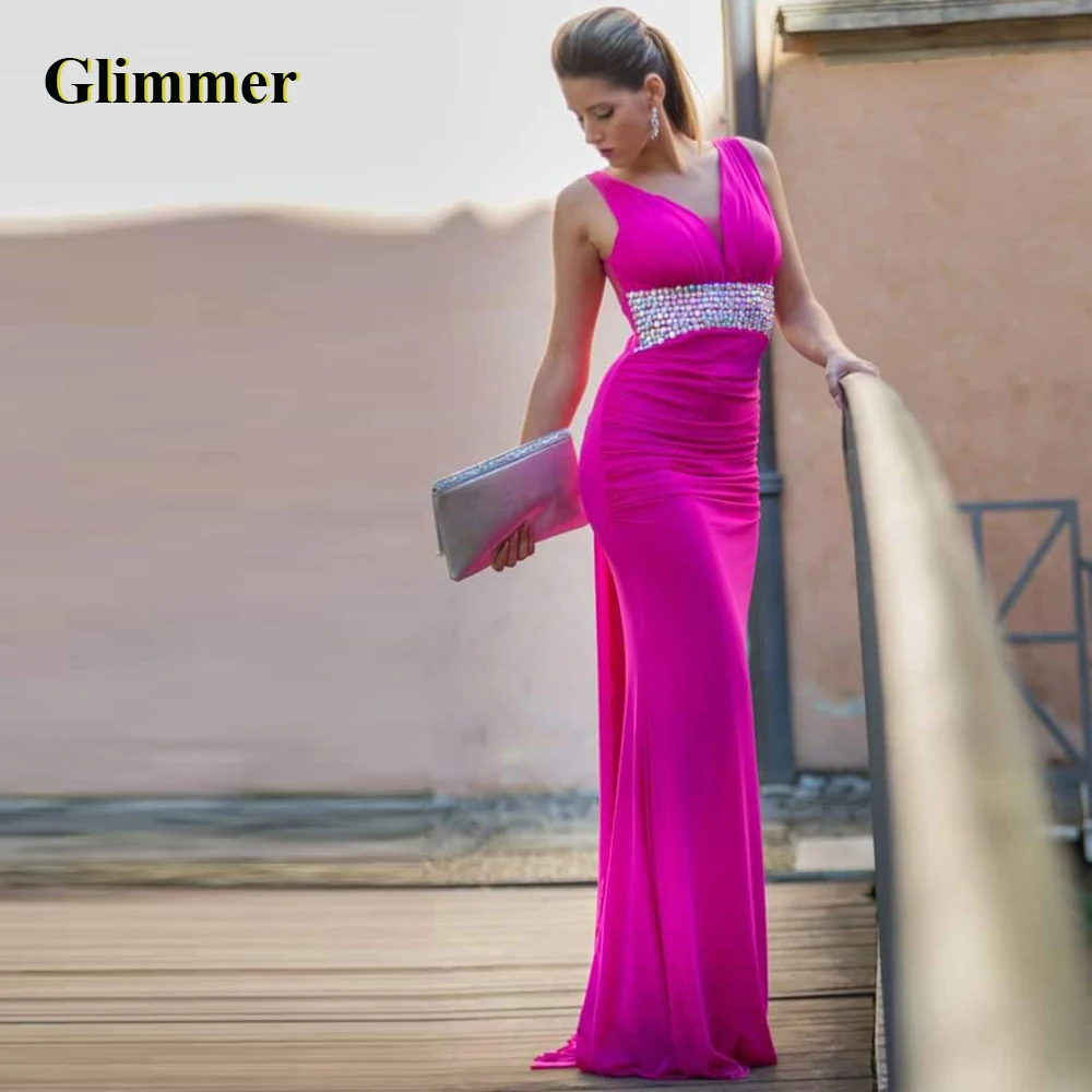 

Glimmer Simple Evening Dresses V-Neck Sleeveless Formal Prom Gowns Personalised Abendkleider Fiesta De Noche Robe Ball Stretch