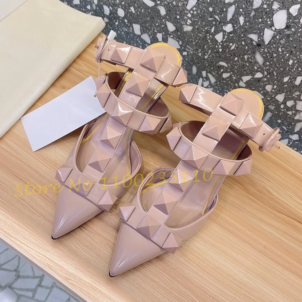 Nude Pointy Rivets Sandals With Heels Women Metal Buckle T-strap Luxury Brand Sandals Sexy Female Summer Trend Party Dress Shoes