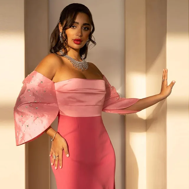 Elegant Off Shoulder Coral Pink Dubai Evening Dresses 2024 Saudi Arabia Women Wedding Formal Party Gown Luxury F022 2