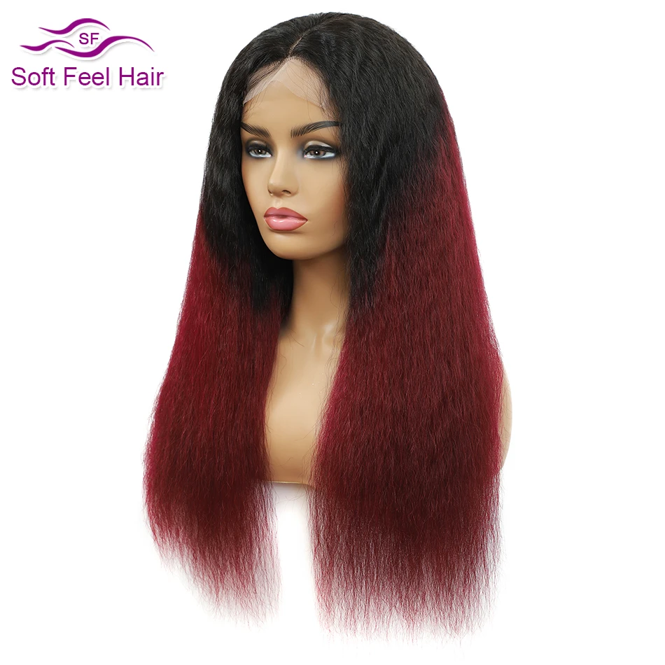 

4x4 Kinky Straight Lace Closure Wigs HD Transparent Lace Brazilian Human Hair Wig Pre Plucked Baby Hair Burgundy Color Remy Hair