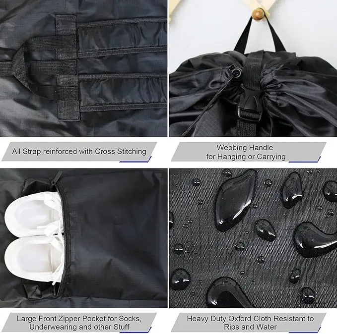 XL heavy-duty laundry backpack with drawstring closure. Ideal for college, travel, or organizing dirty clothes. 6