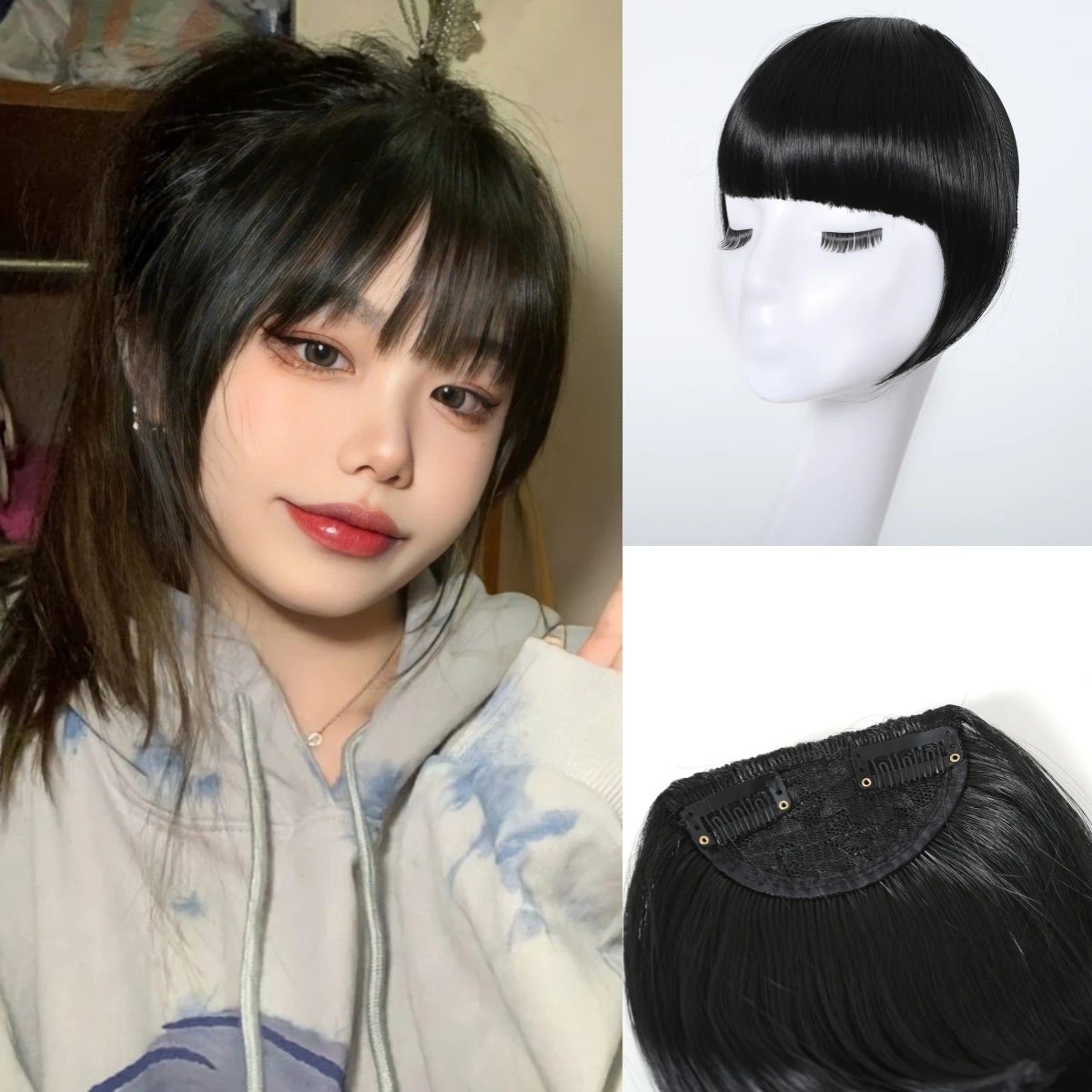2PCS Black Synthetic Bangs for Women Natural Soft Thickening Fake Hair Extension Accessories Heat Resistant Clip Bang Hairpieces 2pcs lot black hair sticker heart bowknot shape clip bangs fixed magic paste posts magic tape fringe hair accessories for women
