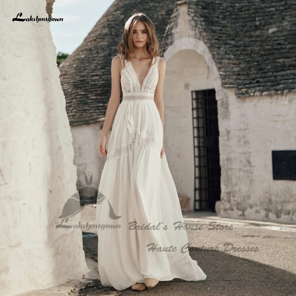 Lakshmigown Sexy Women Boho Wedding Dresses Vestidos Civil V Neck Chiffon Long Beach Bridal Gowns Backless