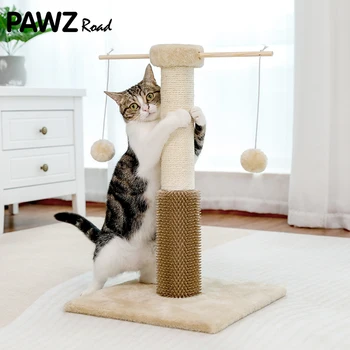 Small Cat Scratching Post With Grooming Brush And Fluffy Detachable Ball 2 Colors Cat Natural Sisal.jpg