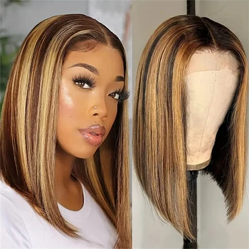 13x4 Transparent Lace Front Bob Wig Human Hair Ombre Honey Blonde 13x4 Wigs 10-16inch 4/27 Colored Transparent Frontal Lace Wig