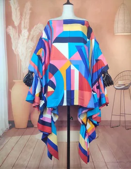 European Women New Fashion Puff Sleeve Silk Printed Kaftan Dress Kuwait Blogger Recommend Party Loose Bohemian Abaya Caftan