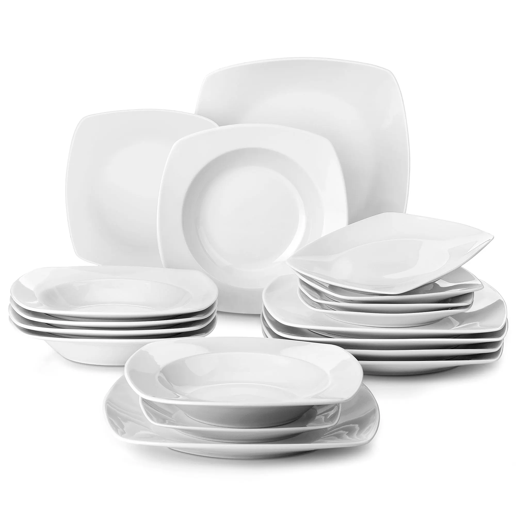 MALACASA Plates Set, Porcelain Dinnerware Sets for 6, 26-Piece Square Dish  Ivory White, Series Flora