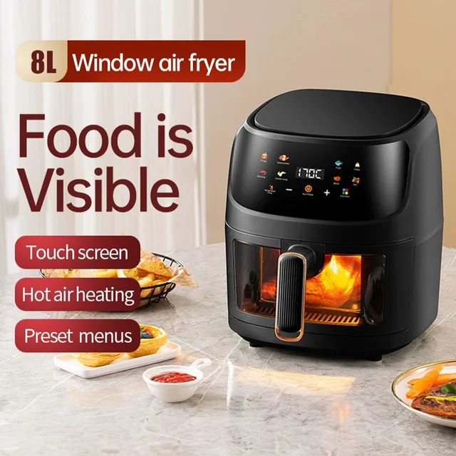 8L 1350W Black Touch Screen Smart Visual Air Fryers Large Capacity Rapid Oil-Free Air Technology for Extra Crisp 1