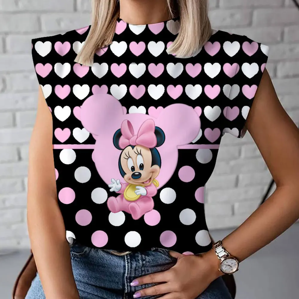

Harajuku Street High Neck T-shirt Vest Summer Fashion New Casual Versatile Cute Mickey Minnie Cartoon Pattern Women's Clothing