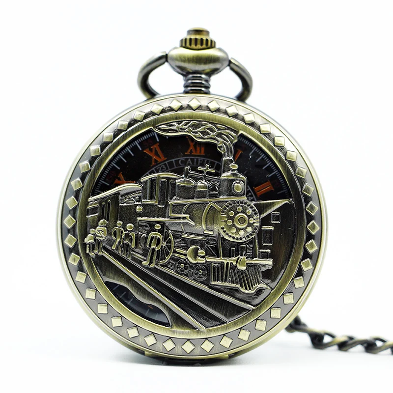 

Necklace Vintage Pocket Watch Clock Unique Bronze Train Locomotive Engine Mechanical Pocket Watches Pendant with Chain Gifts
