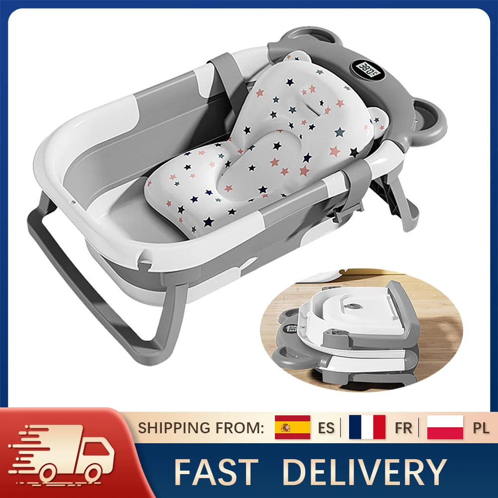 Foldable Baby Bathtub with Thermometer Non-Slip Bath Mat Cushion Support Portable Newborn Shower Tub for 0-15M Travel Bath Pool