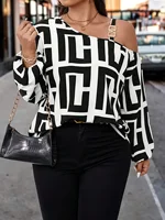 plus Size Fashion Geometric Print Top Metal Ring Buckle One Shoulder Design Long Sleeve Women's Shirt - Image 4