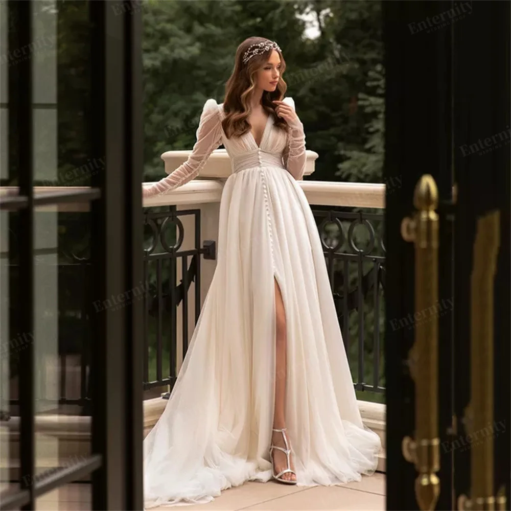 Customized Wedding Dress A Line Long Puff Sleeves Bride Gowns Side Split Buttons Backless Floor Length Boho свадебное платье 3