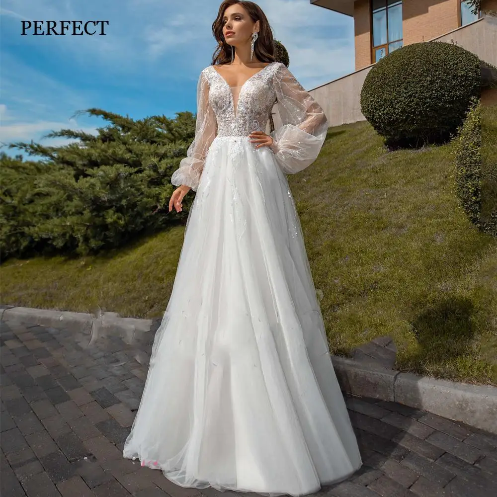 

PERFECT V-Neck Long Sleeves A-Line Wedding Dresses Open Back Beaded Lace Appliques Bridal Gowns Custom Made Vestidos De Novia