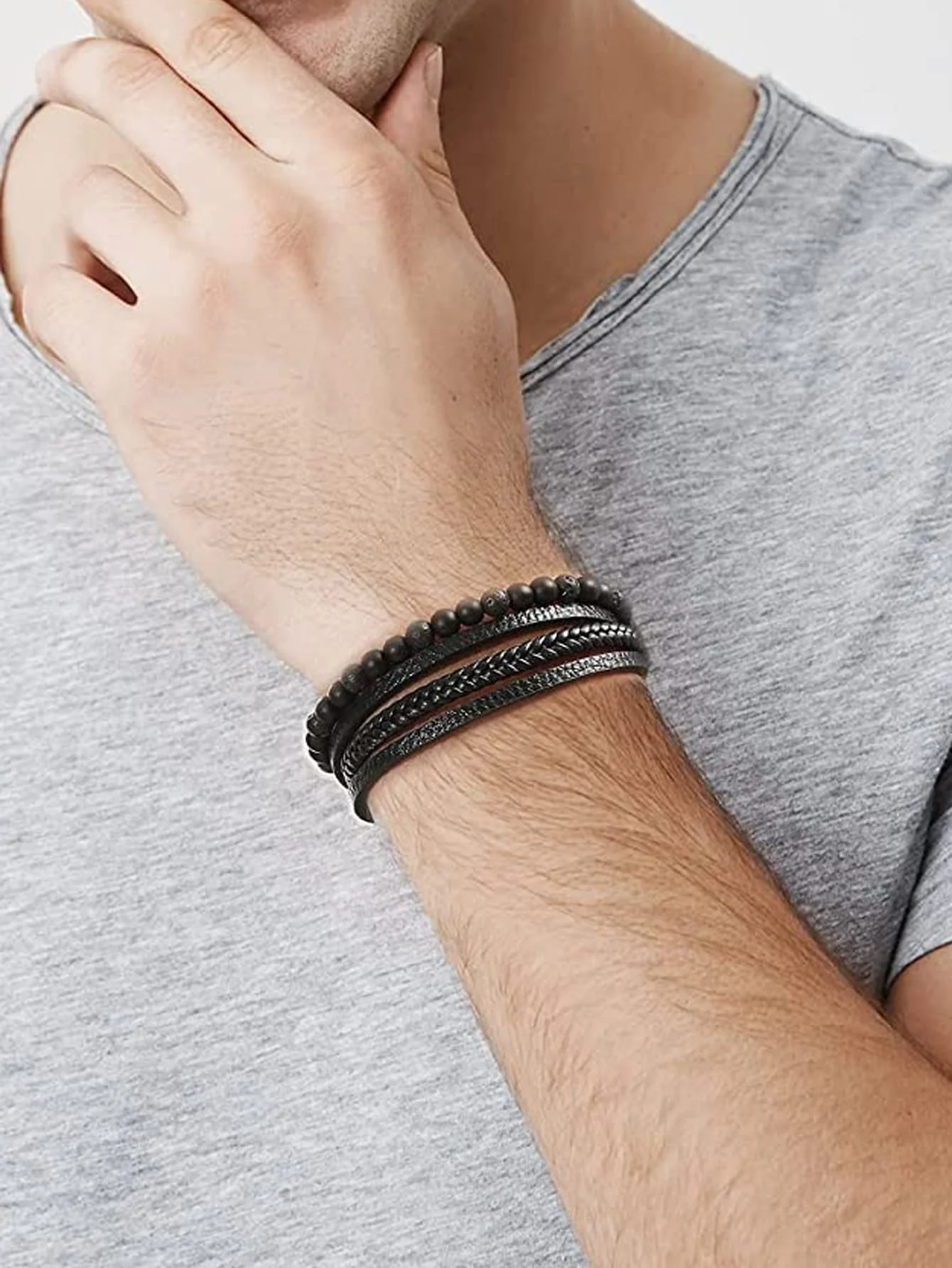 Vintage Men's Natural Stone Lava Matte Black Onyx Multi-Layer Leather Beaded Bracelet leather bracelet beaded bracelet stone bracelet