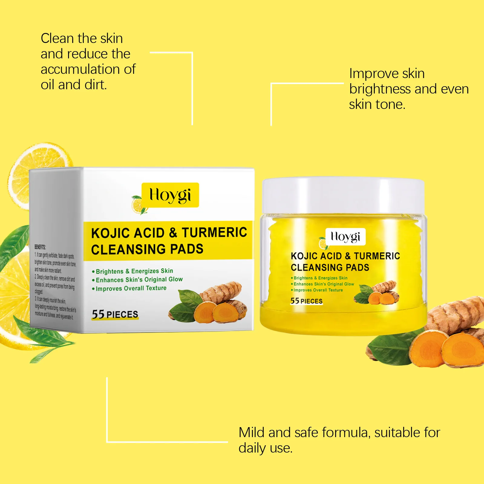 Hoygi 55pcs Turmeric Cleansing Pads Facial Exfoliating Daily Cleansing Remove Dead Skin Smooth Shrink Pore Face Washing Pads 2