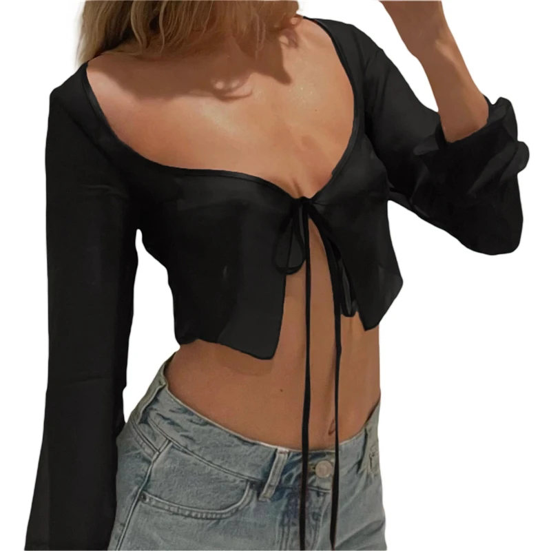 Top corto estético vintage de verano para mujer, camiseta de malla de manga larga con cordones, ropa de vendaje Y2K, camisetas casuales grunge