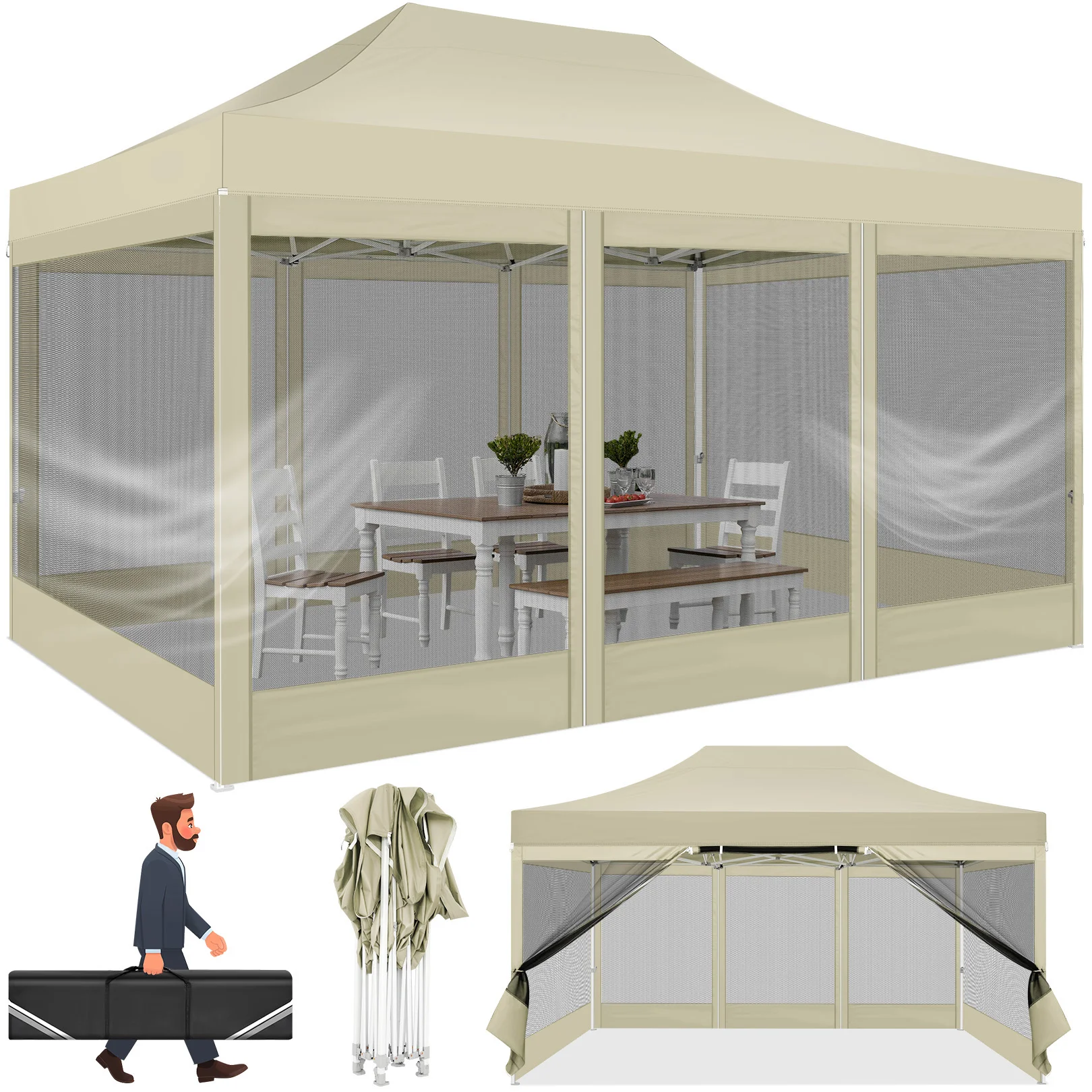 10x15 FT Heavy Duty Pop Up Canopy with 4 Sidewalls, Commercial Gazebo Party Tent with Mosquito Netting Wall Easy Set Up Outdoor — YELLOW Other