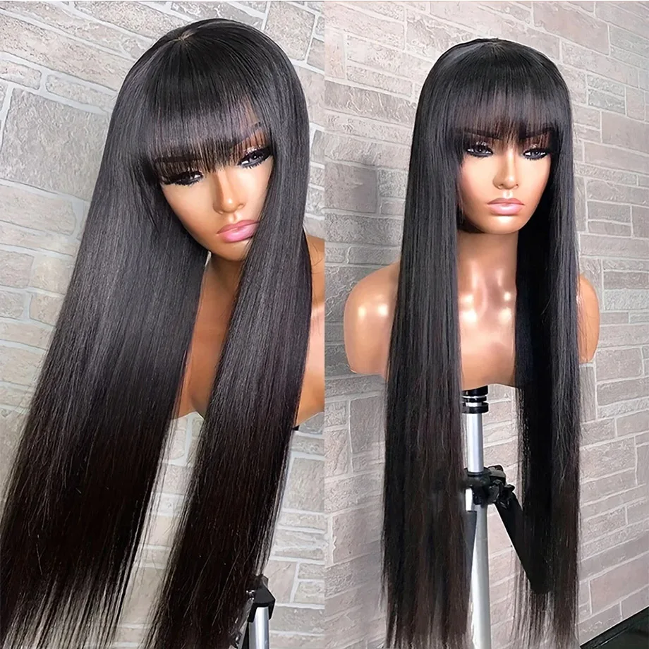 Middle Part Human Hair Wigs With Bangs Straight Wigs For Black Women 30 32 Inch Brazilian 100% Human Hair 3x1