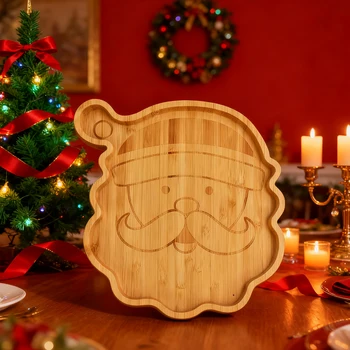 Snata Claus Elk Pattern Snack Tray Bamboo Wood Snack Dessert Tray Plate Candy Dish Merry Christmas Gift Decorative 1