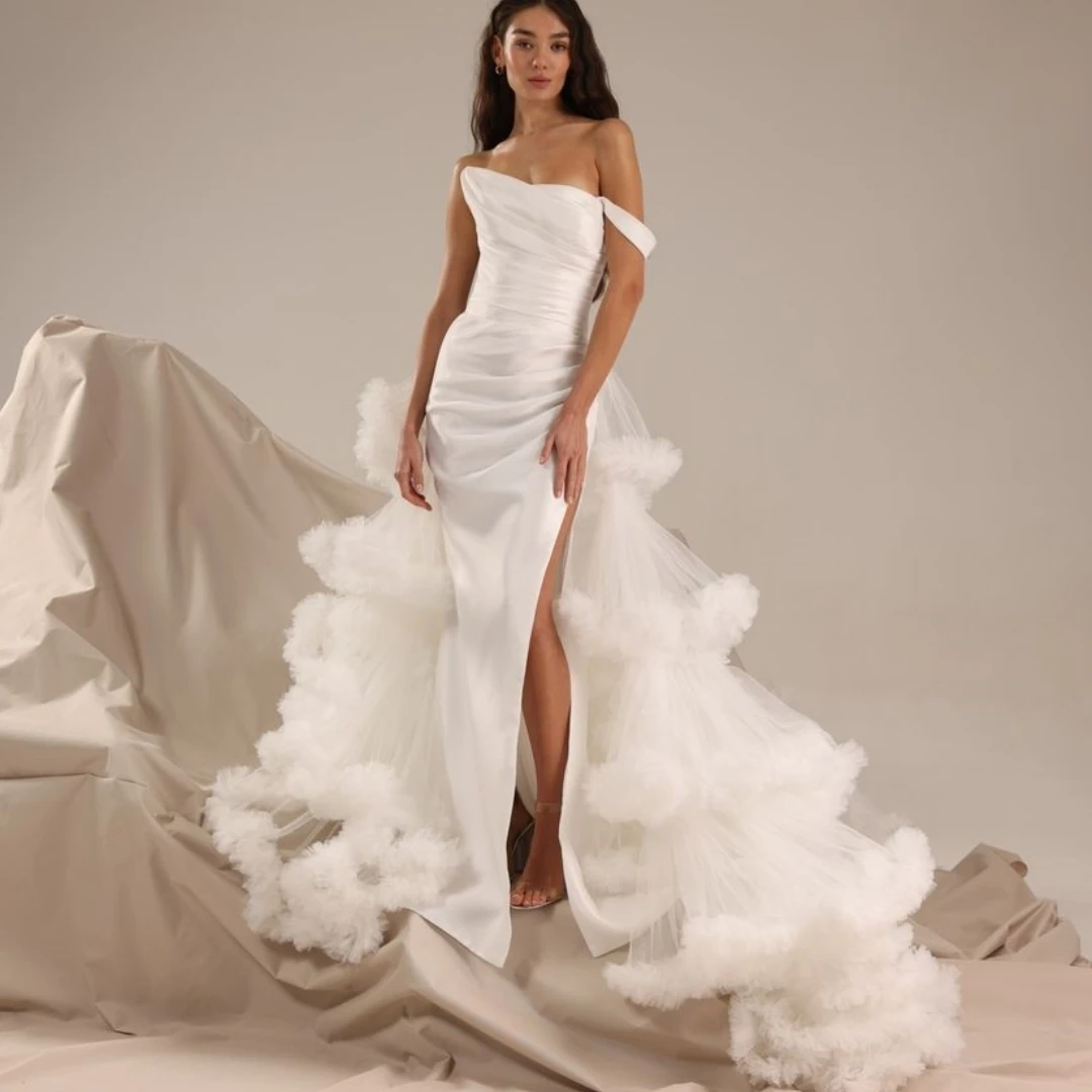 

Meetlove Strapless Prom Dresses Floor-Length Stain Zipper Up Wedding Party Women A-Line Tulle Wrinkle High Fork Grace 2023