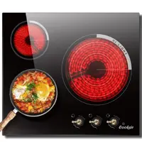 Cooksir Plauqe Vitrocéramique 3 Feux avec Boutons, Encastrable 60CM Table de Cuisson, Anneaux Intérieur et Extérieur, Chauffage Infrarouge, Überhitzungsschutz, Built-in, Sans Prise, 240V 1
