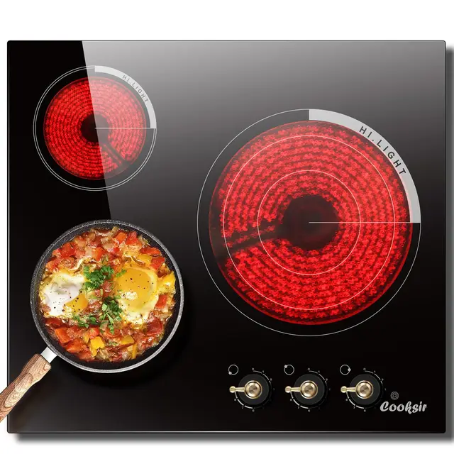 Cooksir Plauqe Vitrocéramique 3 Feux avec Boutons, Encastrable 60CM Table de Cuisson, Anneaux Intérieur et Extérieur, Chauffage Infrarouge, Überhitzungsschutz, Built-in, Sans Prise, 240V 1