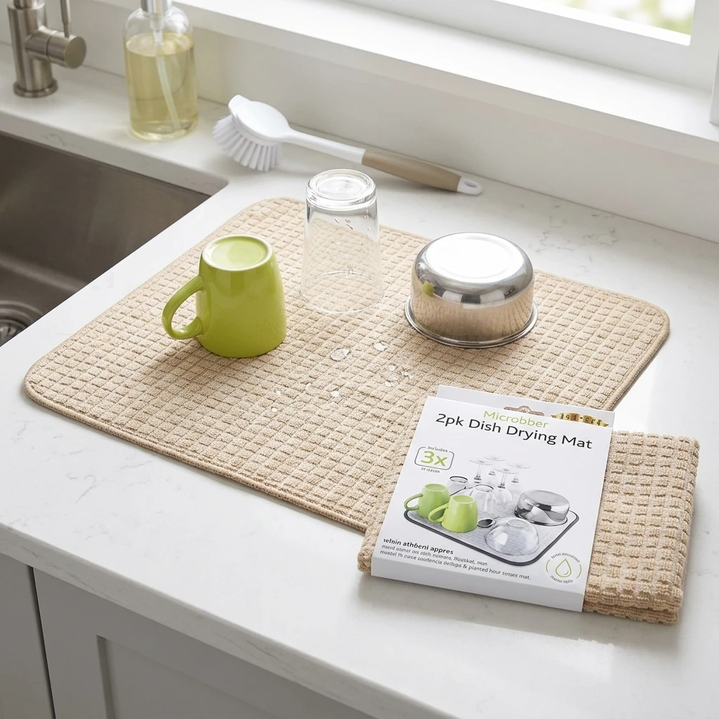 2 Pack Dish Drying Mat Set – Microfibre Quick Dry Absorbent Kitchen Mats for Dishes & Glass Protection — Color: Brown / Size: 47x42 cm