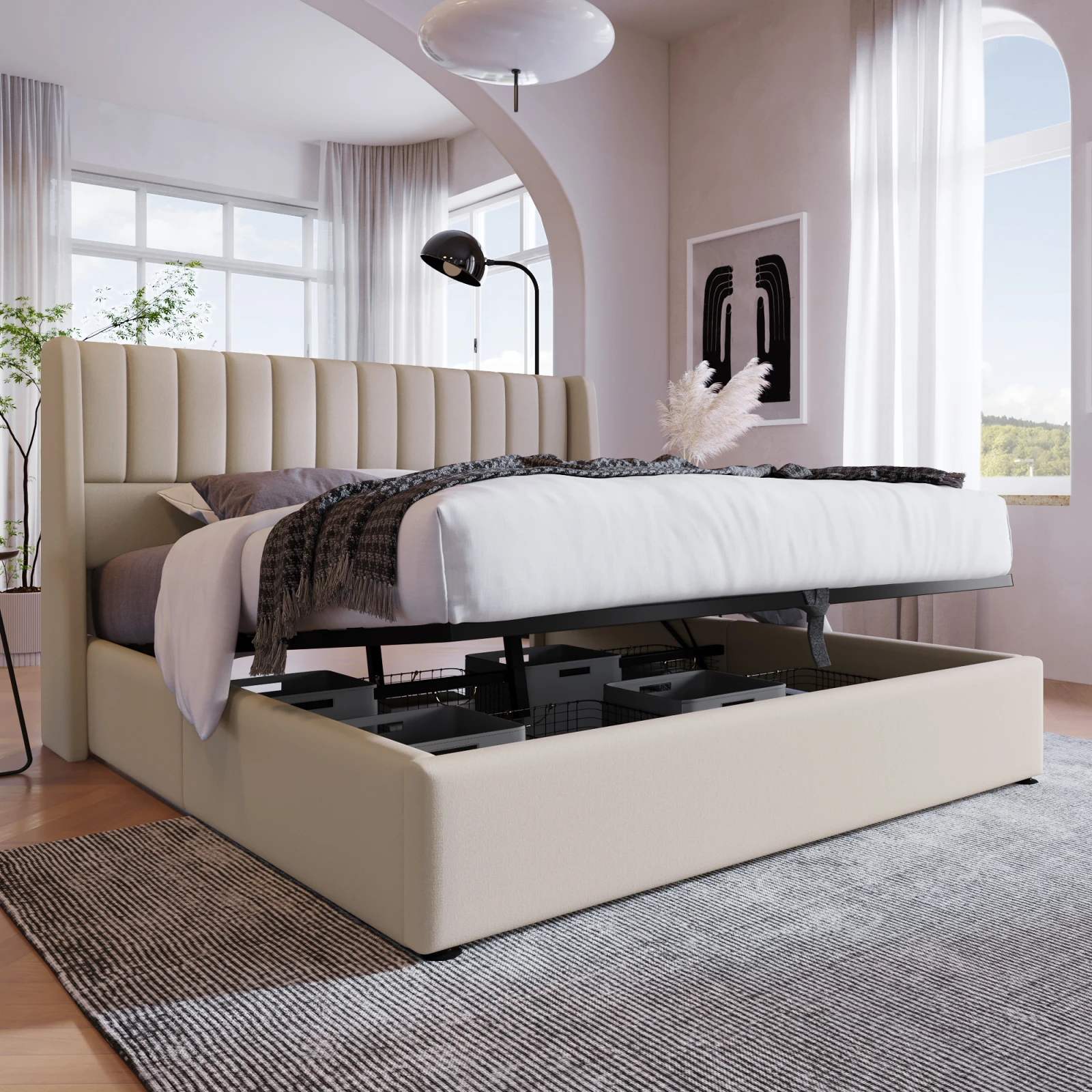 Gepolstertes Bett 160x200 cm mit Stauraum, Lattenrost, hydraulischem Stauraum, Kinderbettgestell, Bettwäsche, beige, Matratze nicht enthalten – Detail 5