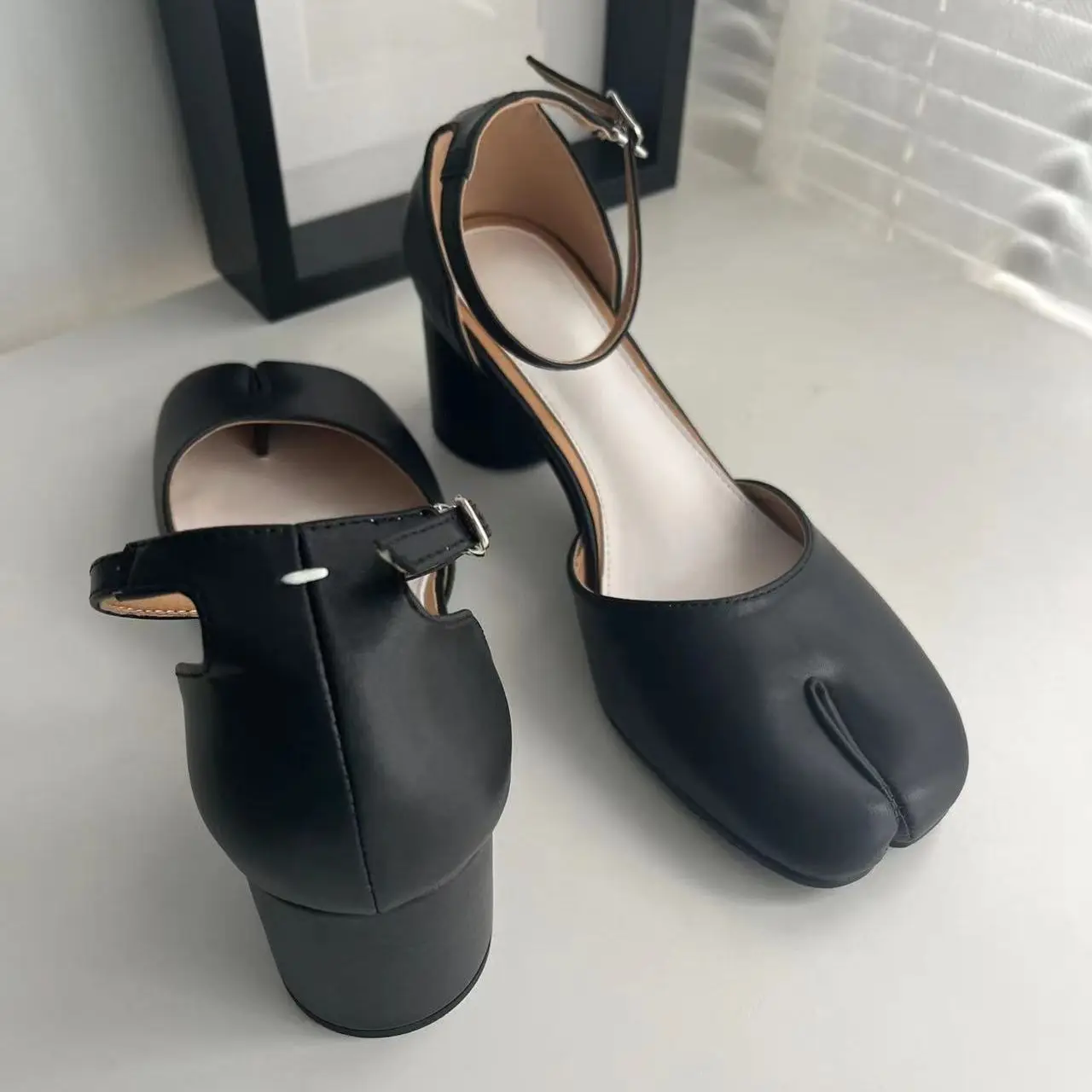 Women Chunky Round High Heels Winter Tabi Shoes Short Boots Genuine Leather Split Toe Fashion Design winter boots,women high heeled boots