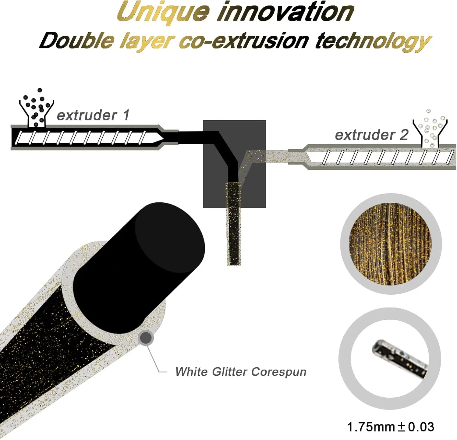 3D 프린터 필라멘트 갤럭시 글리터 PLA 필라멘트 1.75mm 3D 프린팅 필라멘트, 블랙 글리터 골드, 250g, 스풀
