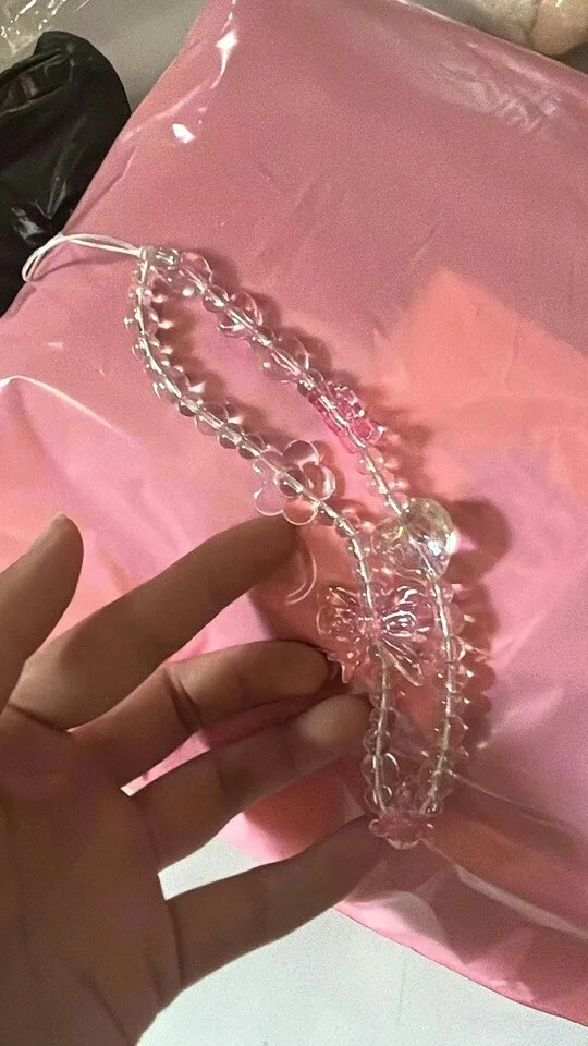 Correa de teléfono con nudo de cadena para mujer, oso Rosa coreano, mariposa, flor, llavero de cordón para teléfono móvil, bolso de niña, colgante de cámara para funda photo review