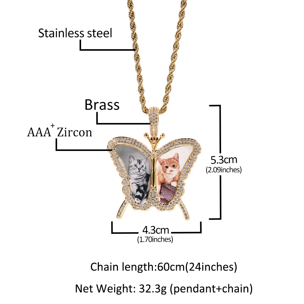 THE BLING KING Custom Picture Memory Medallions Butterfly Shape Pendant Engrave Name HipHop Jewlery Personalized Men Women Gifts