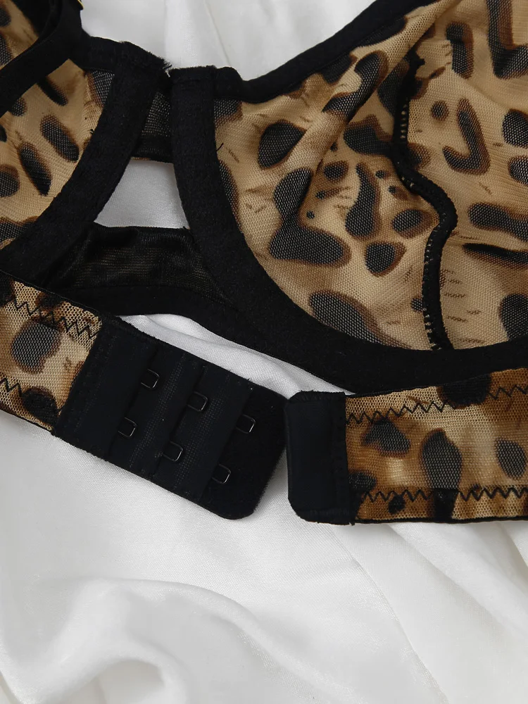 Sexy Underwire Bra Set Leopard Print Mesh Sheer Slim Lingerie Thong Women Large Size Bralette with Pants Suit