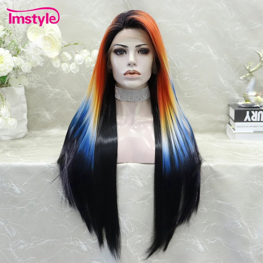 Imstyle Synthetic Lace Front Wig Black Wig Colorful Long Straight Heat Resistant Fiber Cosplay For Women Ombre Wigs