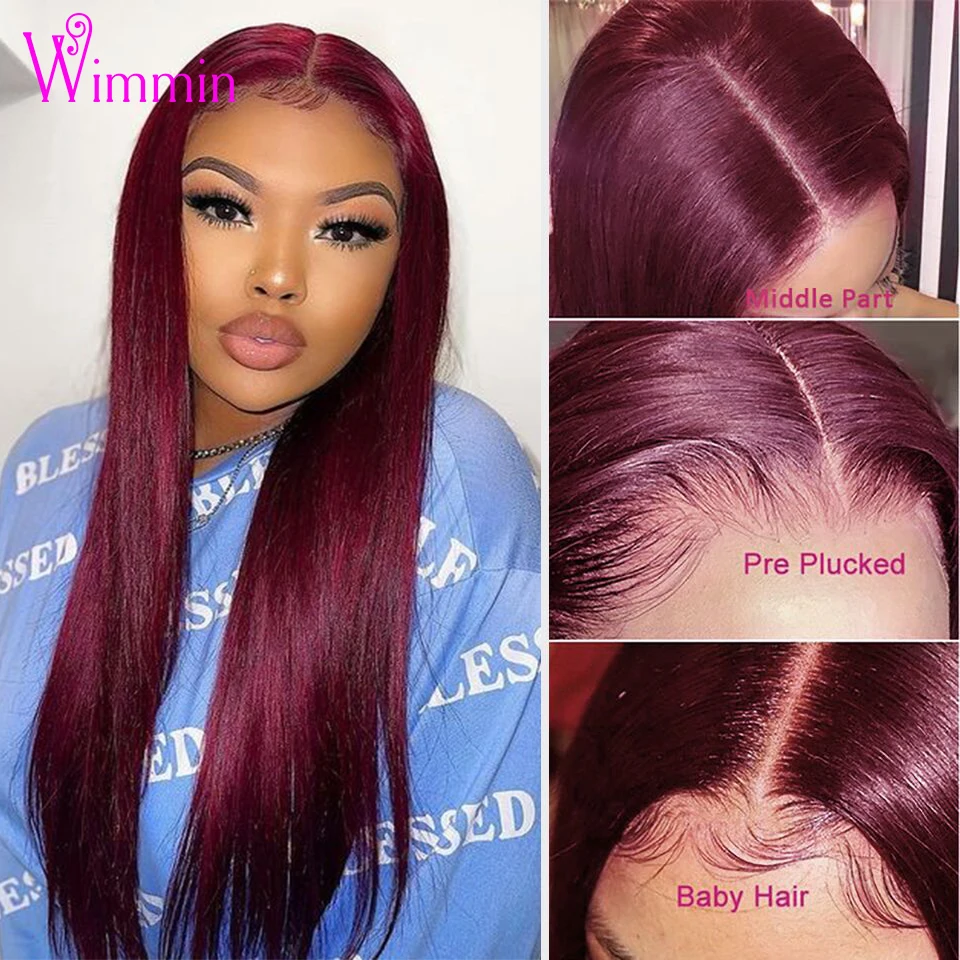 Burgundy Lace Front Human Hair Wigs 99J Straight HD Transparent 4X4 Lace Closure Wig For Women Pre Plucked Remy Colored 30inch