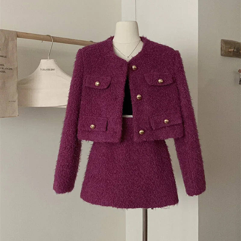 

Женский твидовый костюм из двух предметов, маленький пиджак с длинными рукавами и юбка с завышенной талией, осень