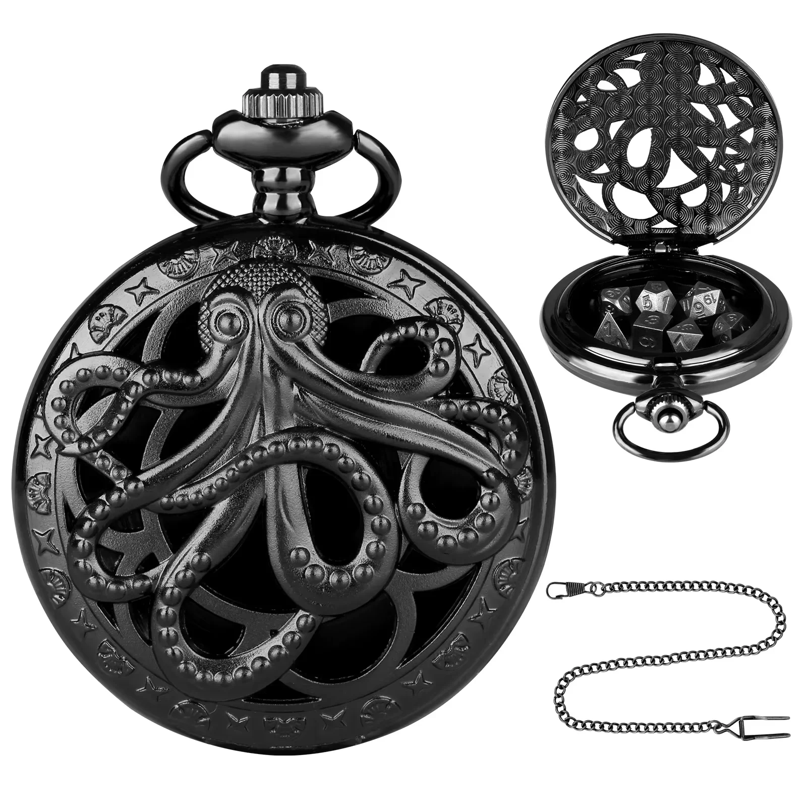 Dragon-Themed Retro Pocket Watch Case with 7-Piece Metal Polyhedral Dice Set