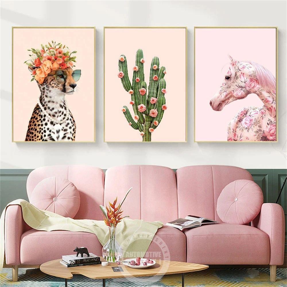 

Nordic Cute Cartoon Wall Art Print Canvas Painting Animal Tiger Pizza Floral Cactus Pink Art Posters for Kawaii Room Home Decor