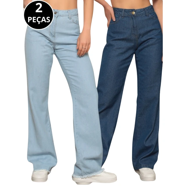 Kit 02 Calças Jeans Wide Leg Pantalona Feminina Cintura Alta