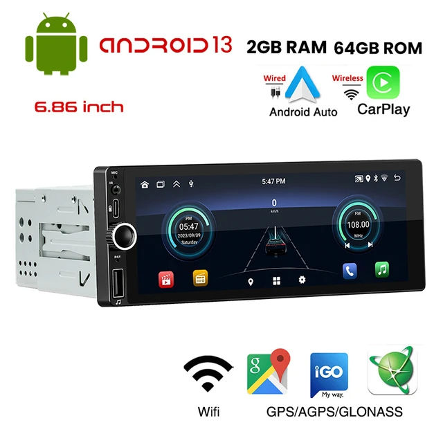  [2G+64G] 10.1 pulgadas Single Din Android 13 Estéreo para  automóvil Apple Carplay y Android Auto Pantalla Táctil Radio de Coche WiFi  GPS HiFi + Cámara de respaldo AHD y micrófono : Electrónica