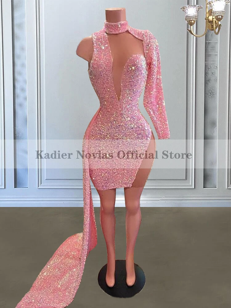 

Long Sleeves Pink Sexy Prom Dresses 2022 High Neck Sequins Party Black Girl Birthday Cocktail Dress With Train