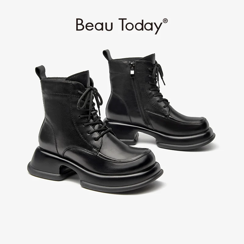 BeauToday-오토바이 발목 부츠, 여성  송아지 가죽 라운드 발가락 두꺼운 바닥 크로스 타이 플랫폼 여성 신발 수제 04612