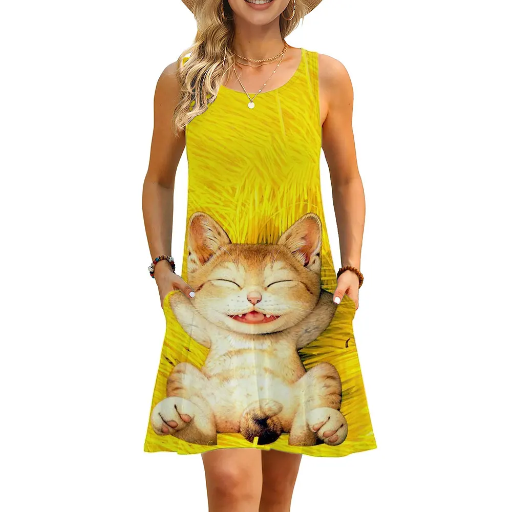 

Summer Yellow Printed Maxi Dress Cute O Neck Cat Sleeveless Swing Dresses Fashion Beach Sundress with Pockets Oversized Clothes