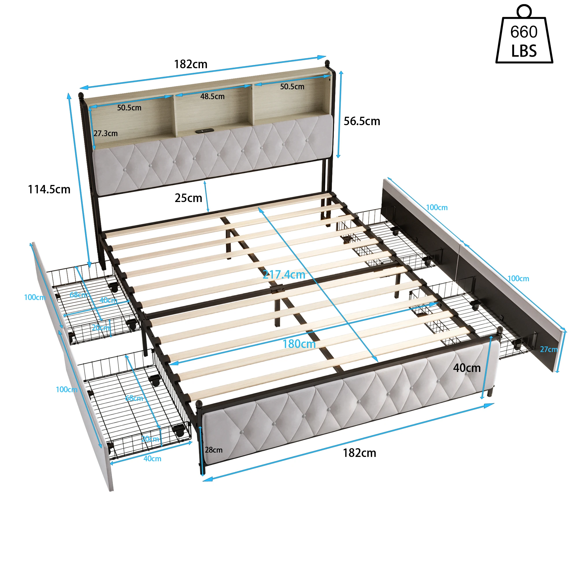 Rosahqnda Gepolsterter Bettrahmen, Full/Queen/King, Doppelbett mit vier Schubladen, Kopfteil mit Ablagefach, ohne Matratze – Detail 1