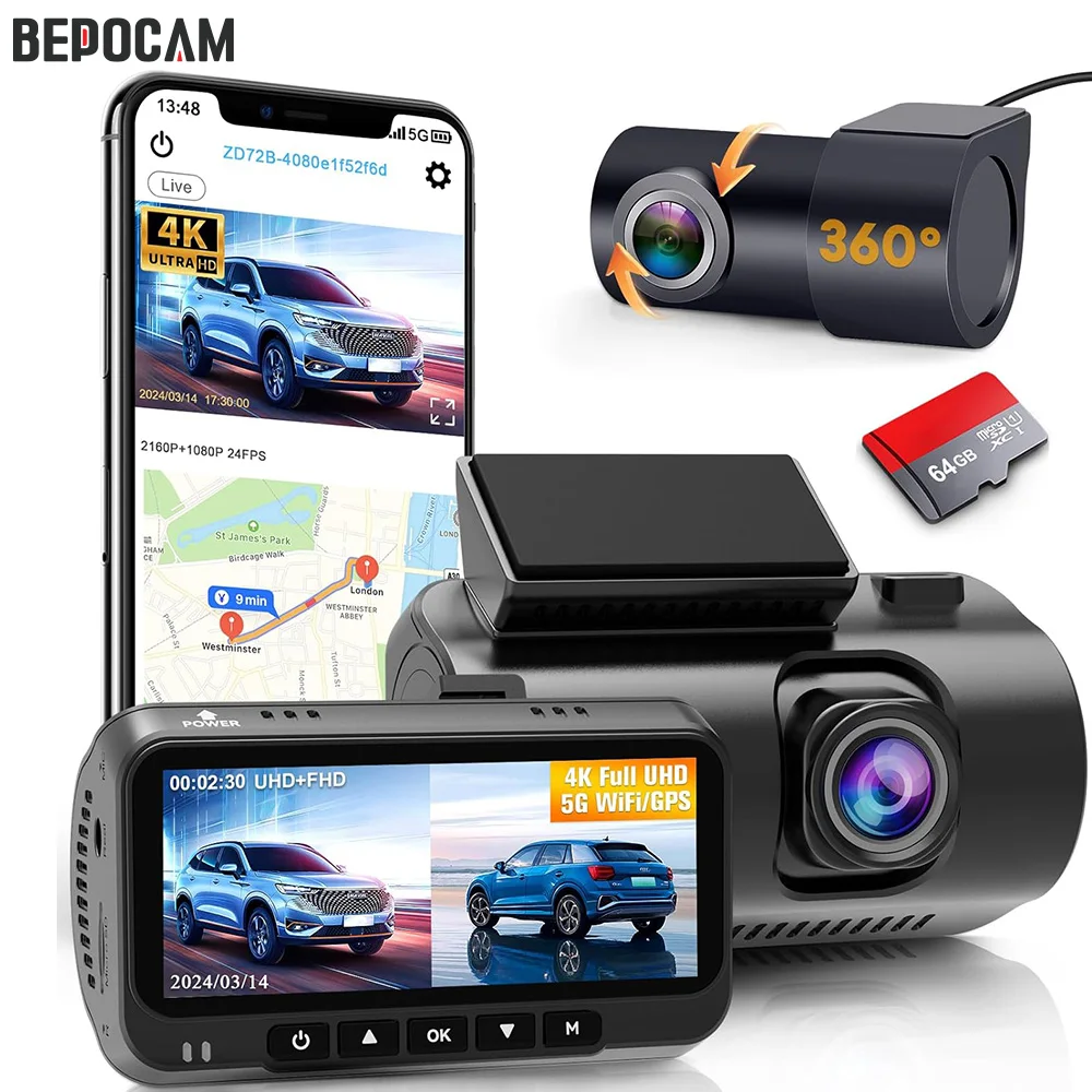 Bepomam Zd72 4K Dash Cam Per Auto Dvr Uhd 4K + 2K Dual Channel Black Box Gps 5G Wifi Integrato Con Camma Posteriore 170Fov Dashcam